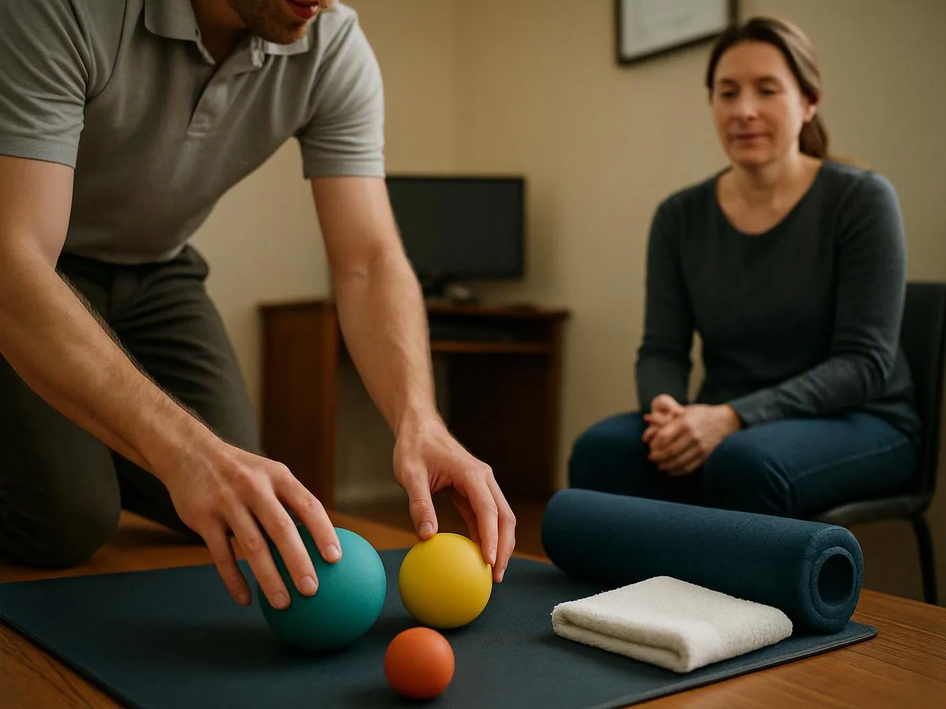 A man arranges colorful therapy balls on a mat while a seated woman watches in a quiet room