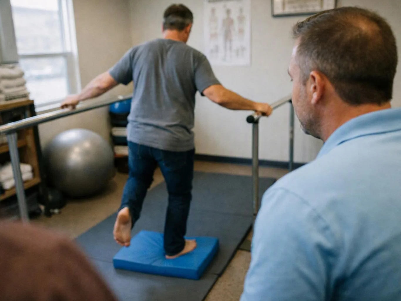 A man balances on a blue foam pad while holding parallel bars in a therapy room
