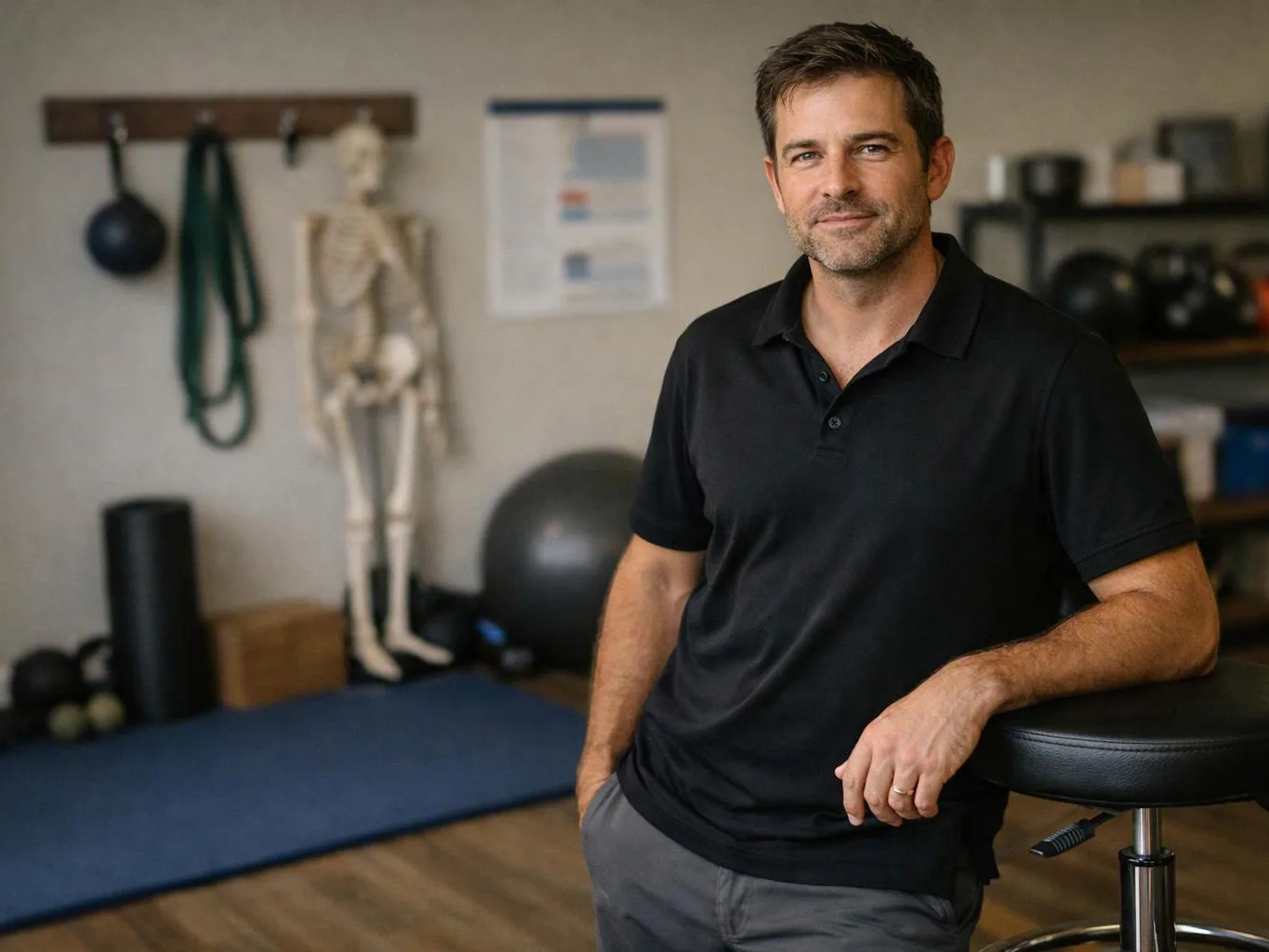 A man in a black polo leans on a stool in a gym with exercise equipment and a skeleton model behind him