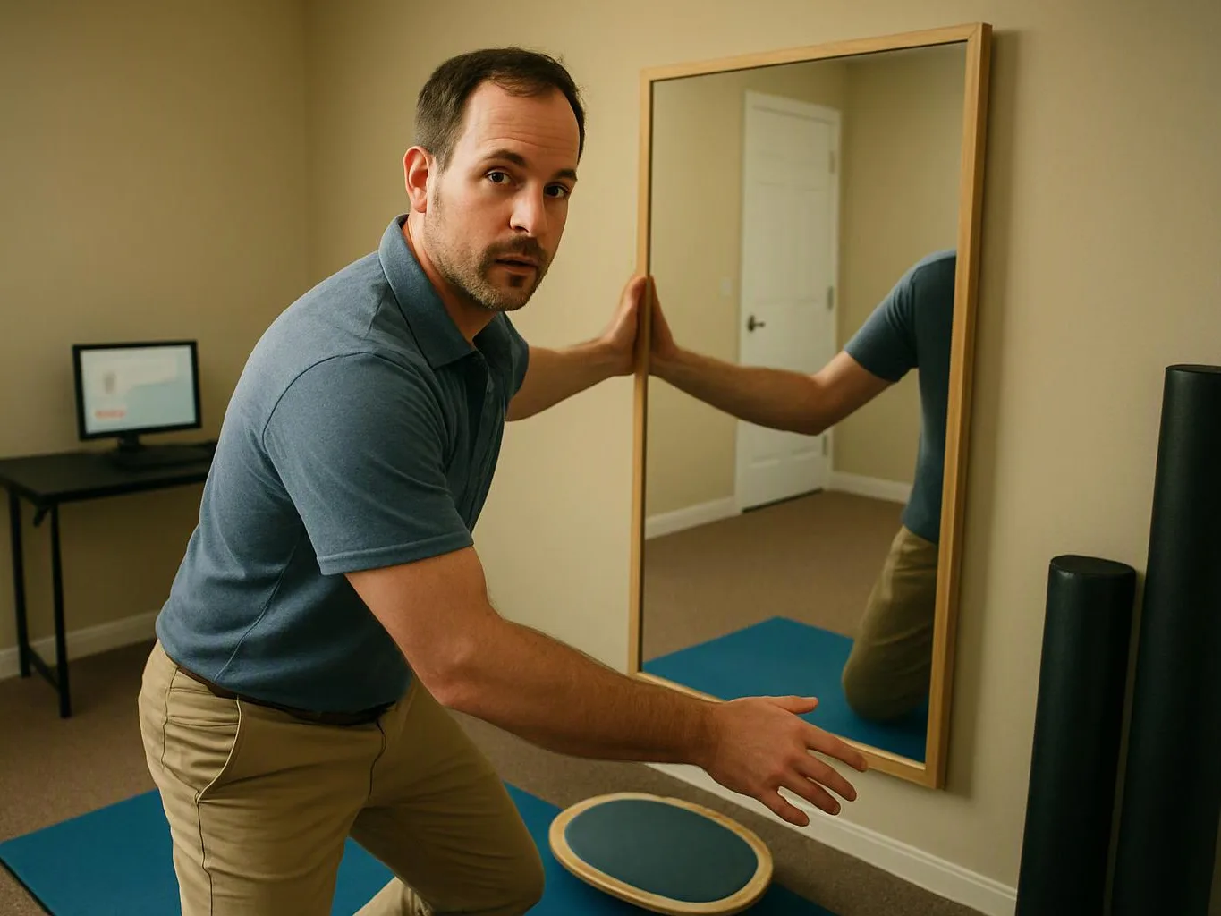 A man in a blue polo braces a wall mirror in a bare room with a small table and exercise mats