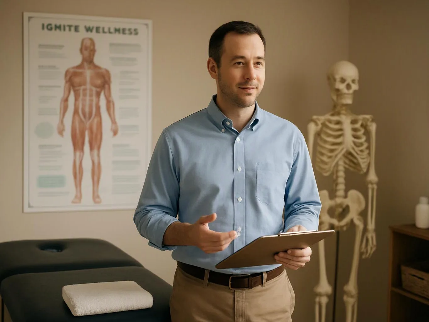A man in a blue shirt holds a clipboard in a clinic room beside a treatment table and skeleton model