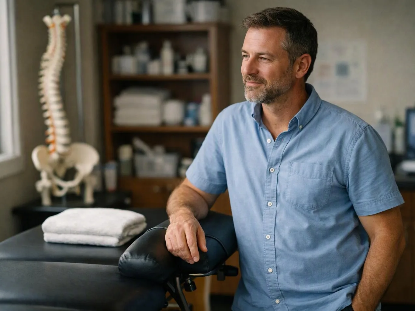 A man in a blue shirt leans on a treatment table in a medical office with a spine model behind him