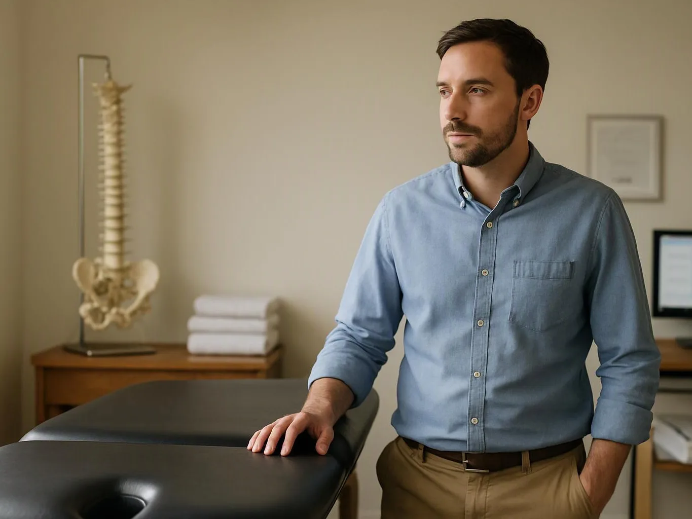 A man in a blue shirt stands beside a black exam table in a medical office room