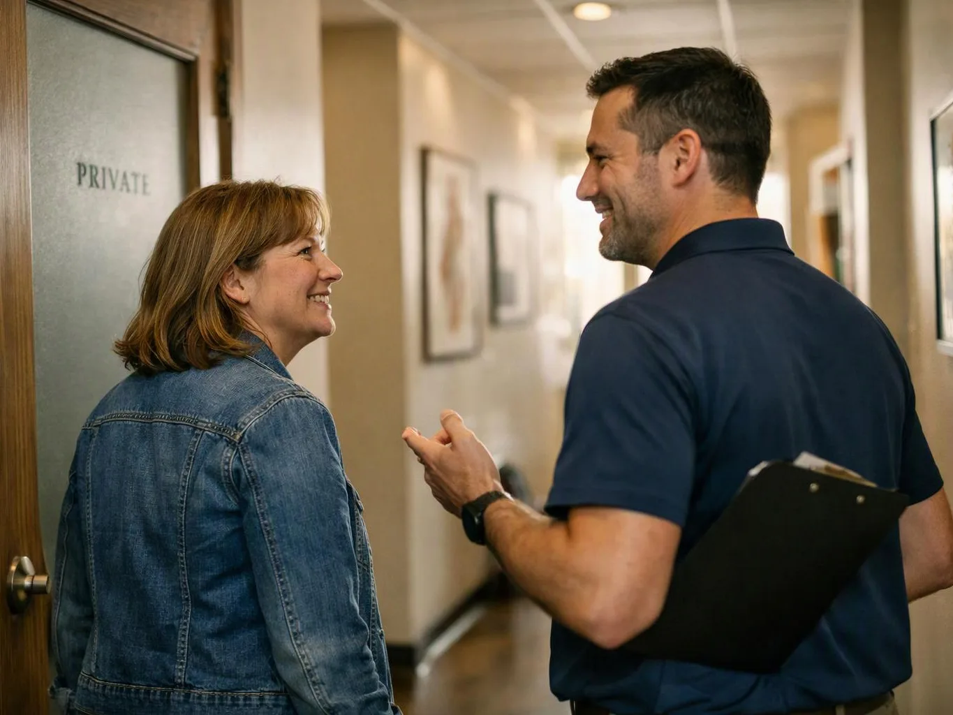 A man with a clipboard talks and smiles with a woman outside a private office door in a hallway