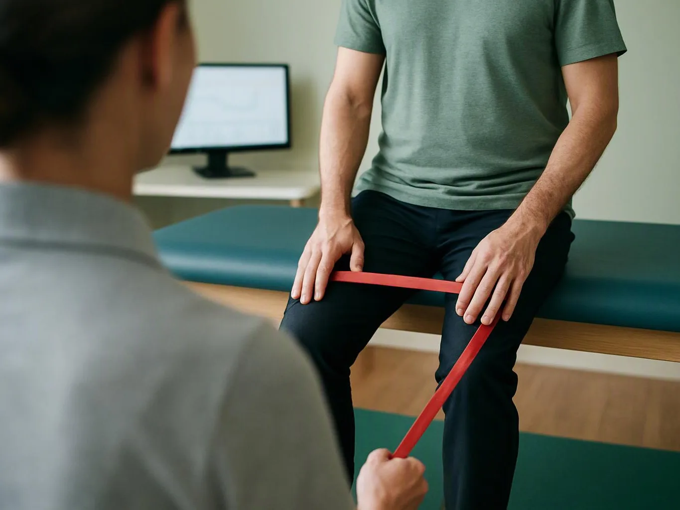 A man on an exam table stretches a red resistance band while another person watches in a clinic room