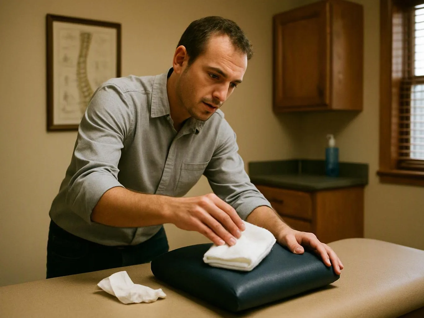 A man folds a white cloth on a padded table in a small exam room