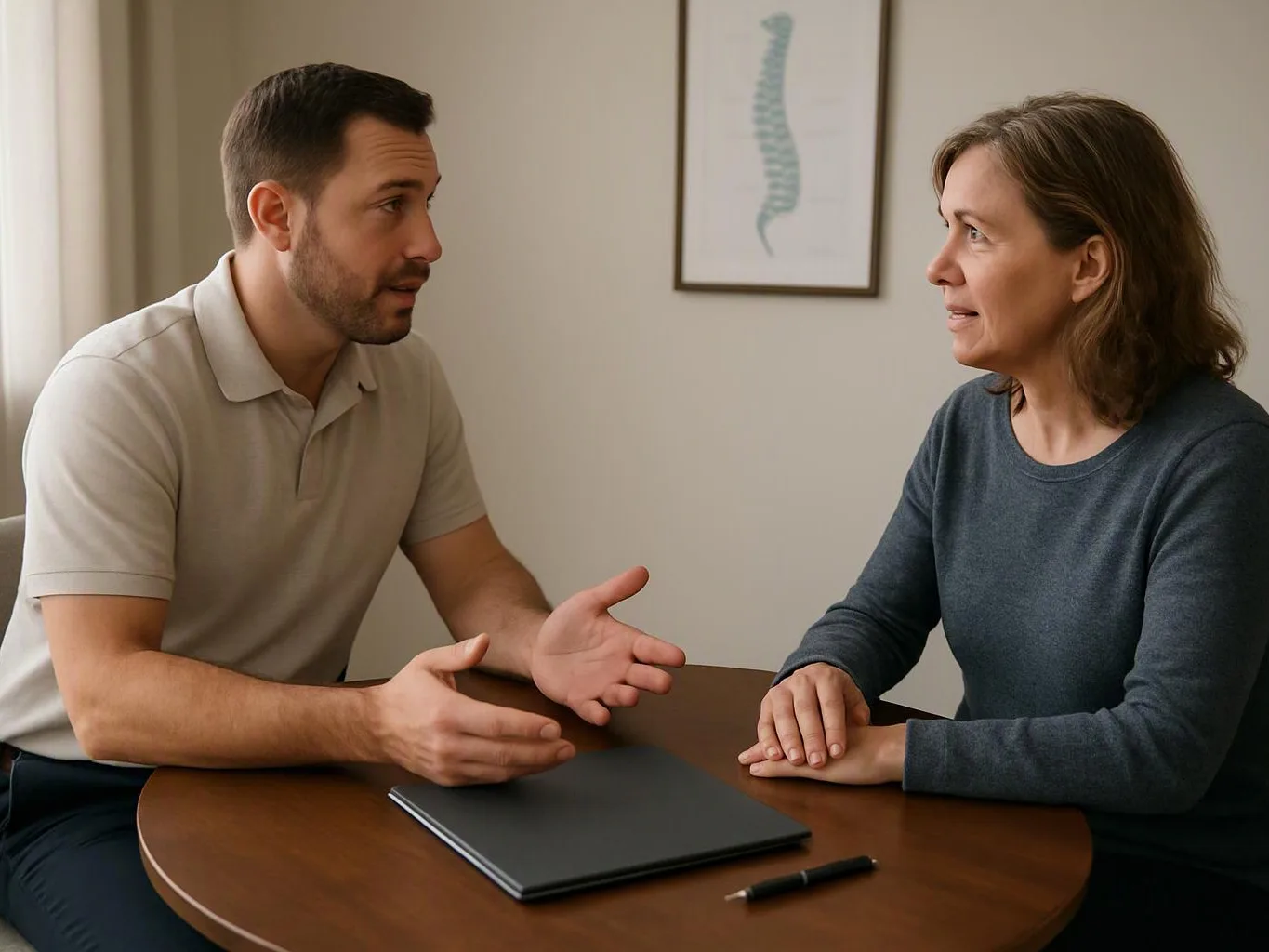 A man gestures across a table while speaking to a woman in a quiet office room