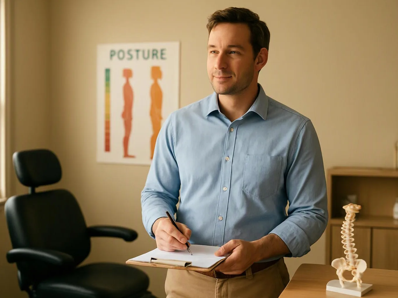 A man in a light blue shirt writes on a clipboard in a clinic room with a posture poster and spine model