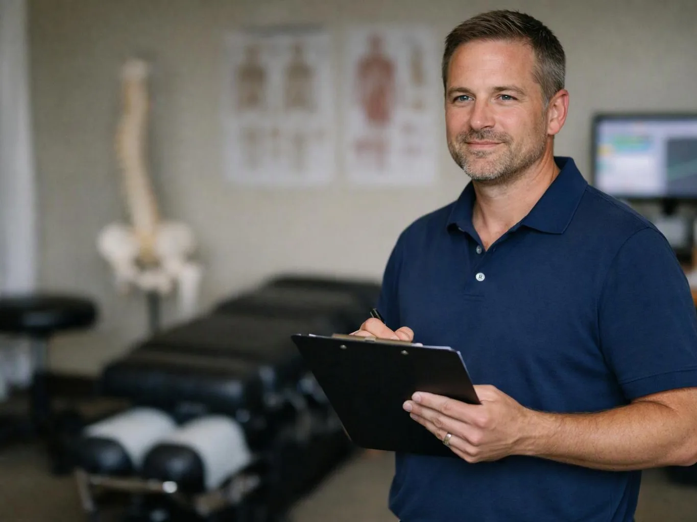 A man in a navy polo holds a clipboard in a clinic room with an exam table and anatomy posters