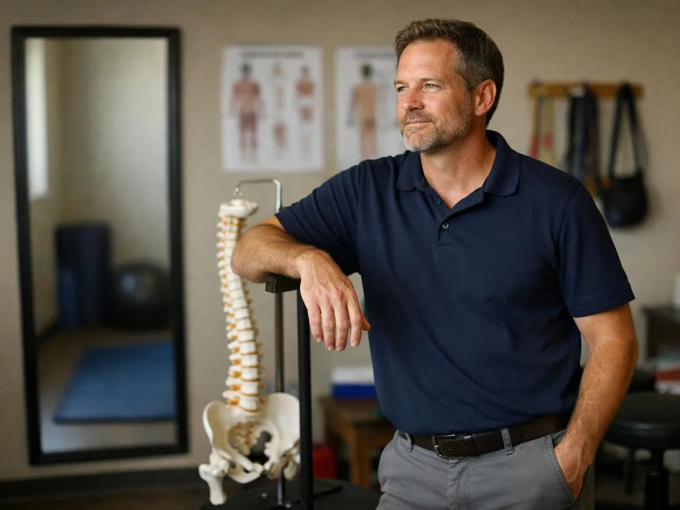 A man in a navy polo leans on a spine model in a clinic room