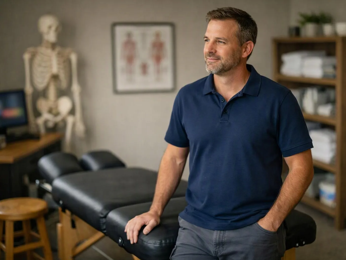 A man in a navy polo stands beside a massage table in a clinic room