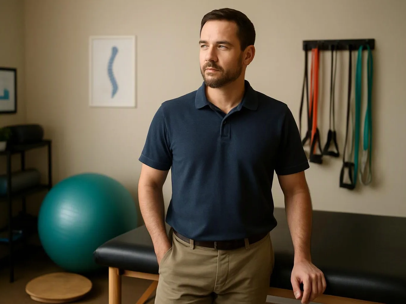 A man in a navy polo stands beside a therapy table in a room with exercise bands and a blue stability ball