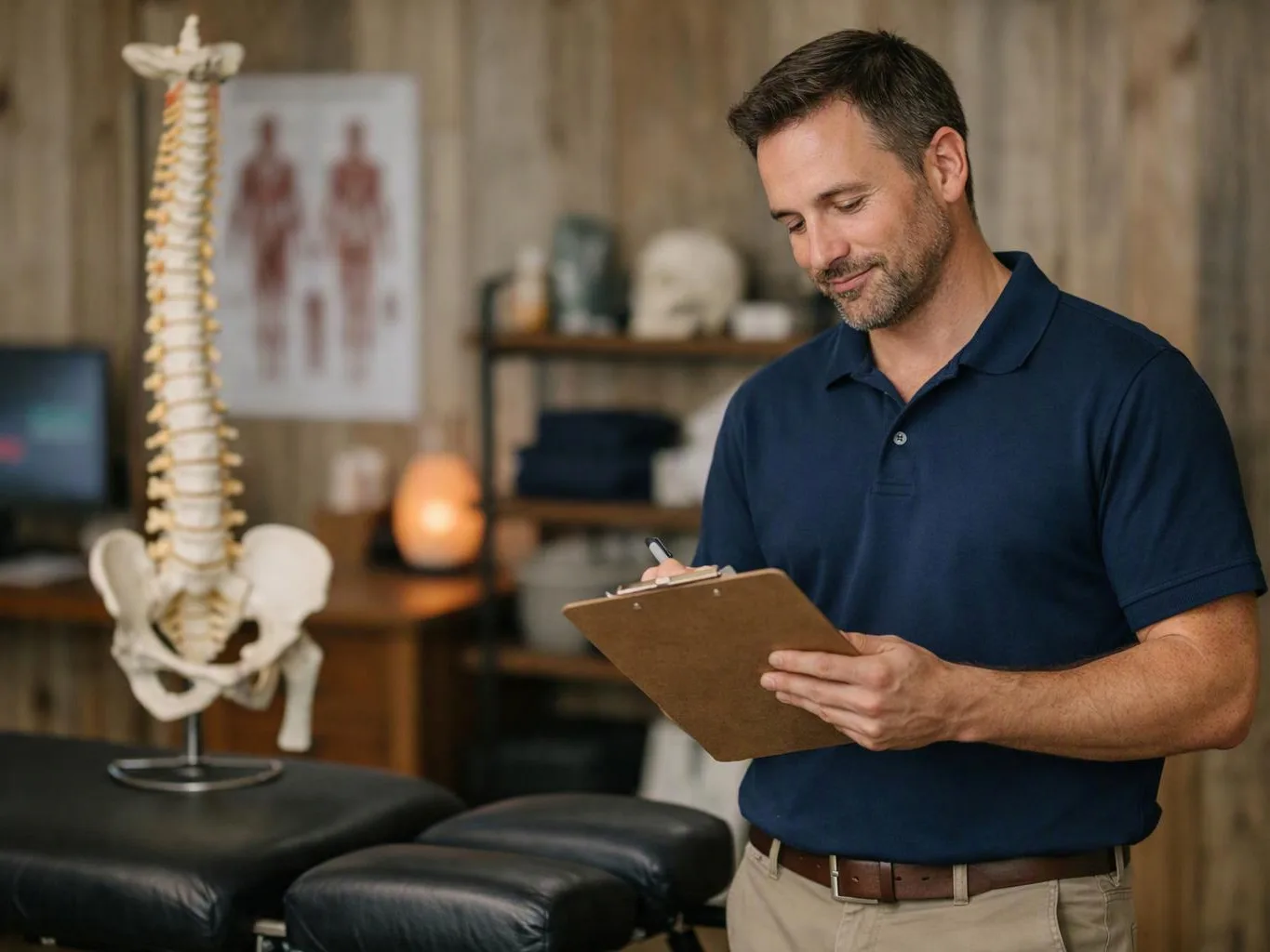 A man in a navy polo writes on a clipboard beside a spine model in a clinic room
