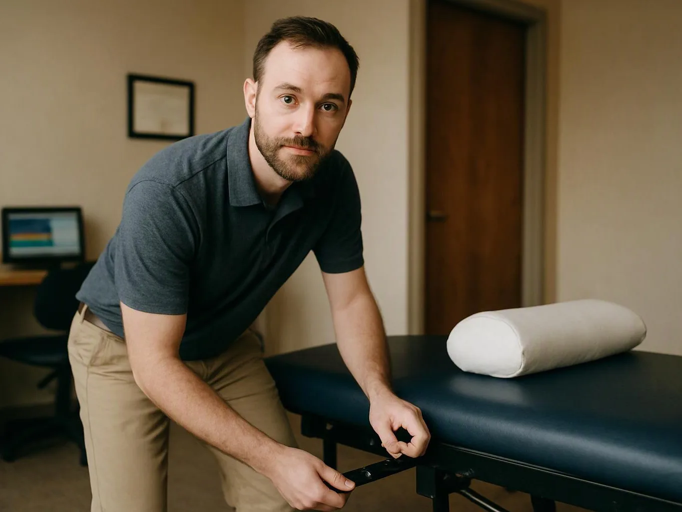 A man in a polo shirt adjusts a treatment table in a small office room