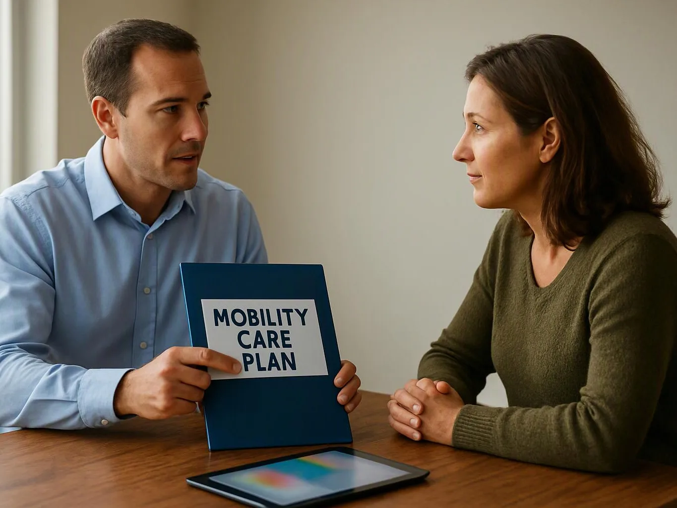 A man shows a blue folder labeled "MOBILITY CARE PLAN" to a woman across a wooden table