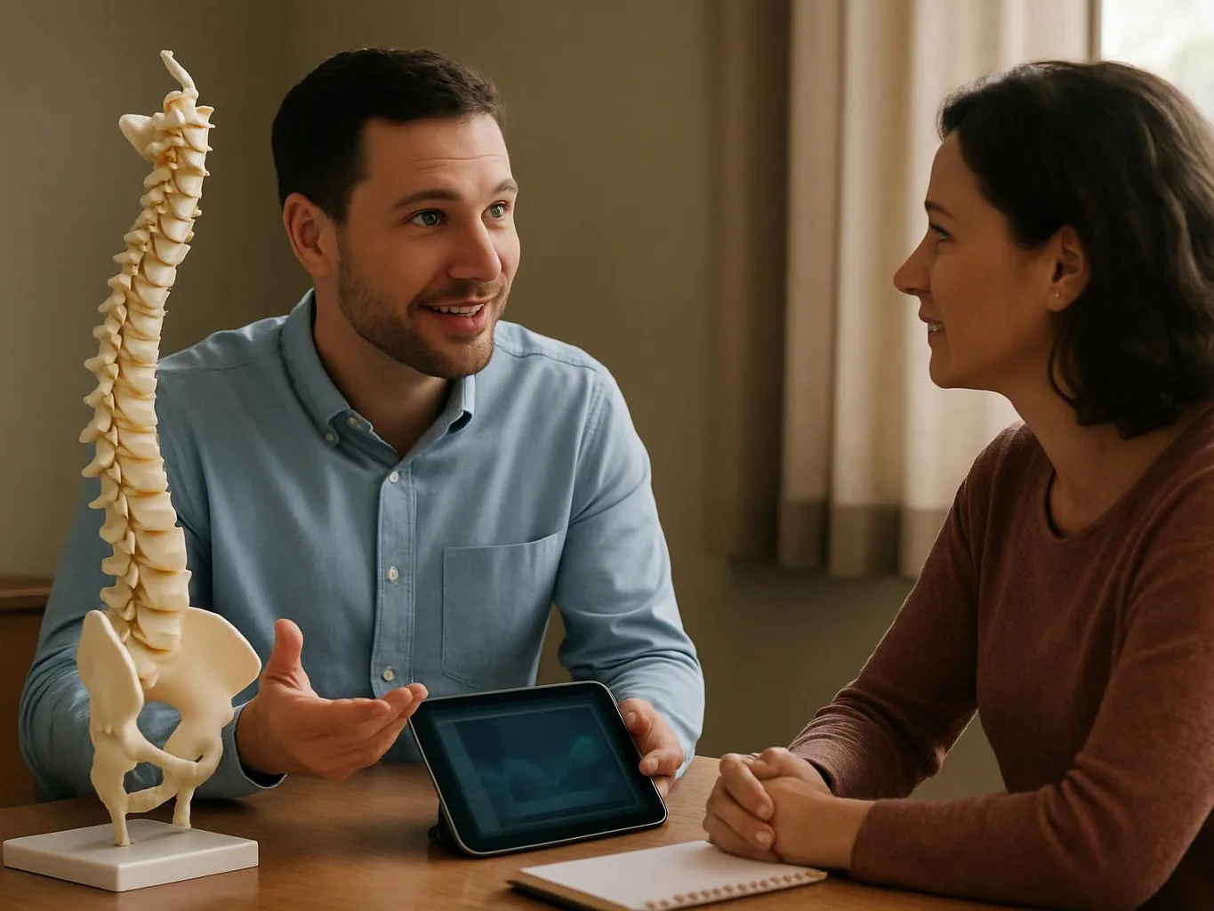 A man shows a spine model and tablet to a woman during a conversation at a table