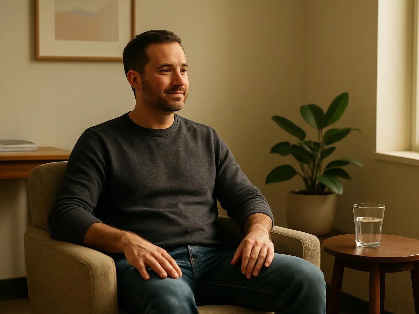 A man sits in an armchair beside a glass of water and a potted plant in a softly lit room