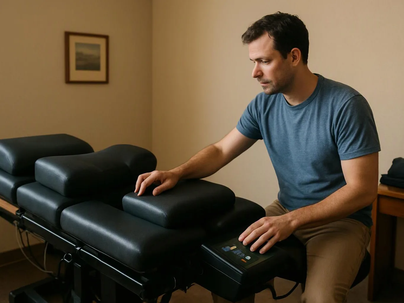 A man sits beside a black padded treatment table, resting his hands on the cushions in a quiet room