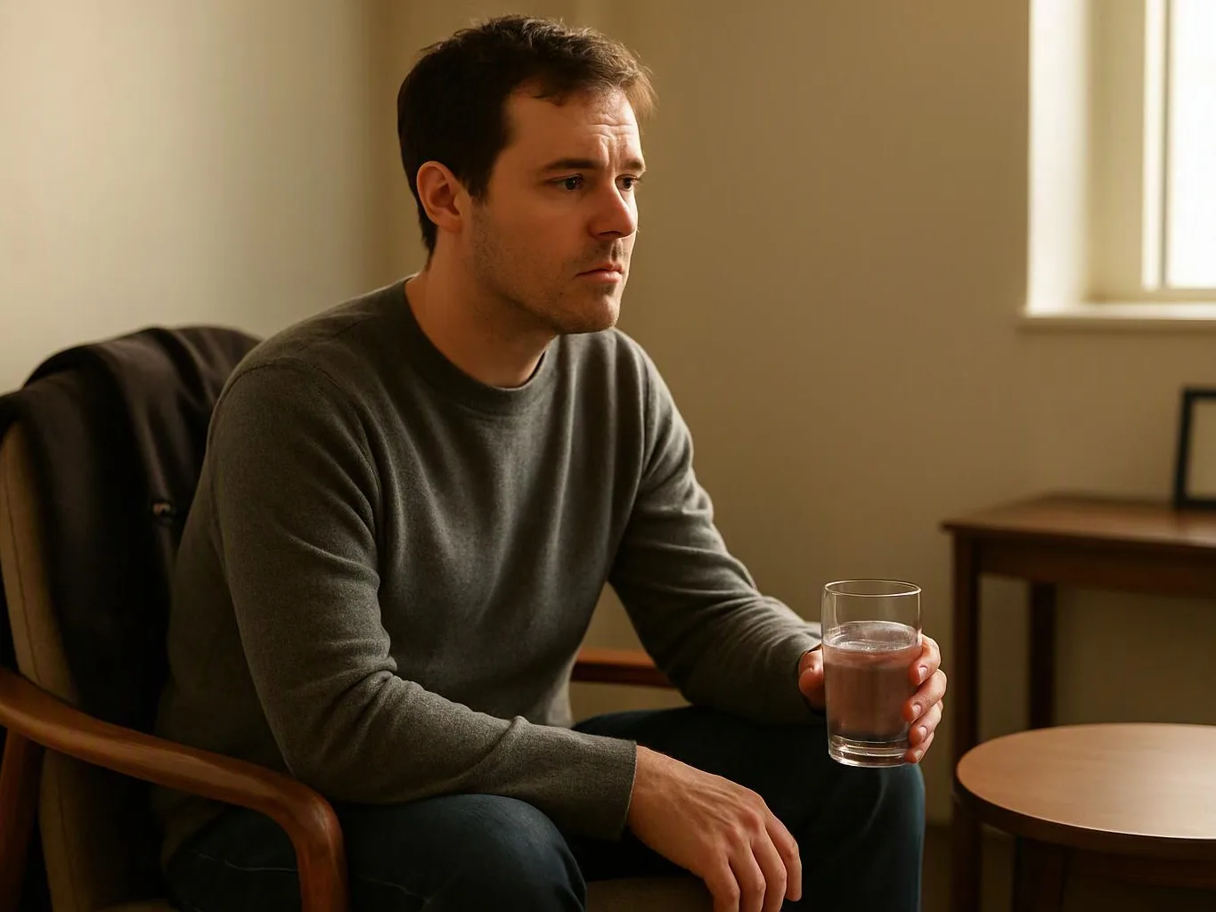 A man sits in a chair holding a glass of water in a softly lit room