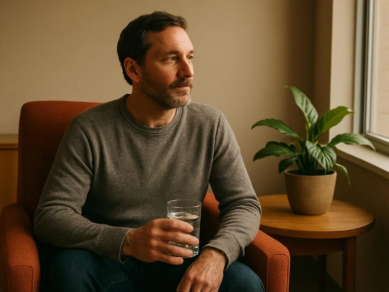 A man sits in an orange chair by a window, holding a glass of water beside a potted plant