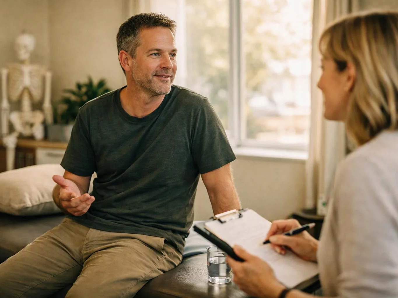 A man sits on a treatment table talking to a woman with a clipboard in a bright clinic room