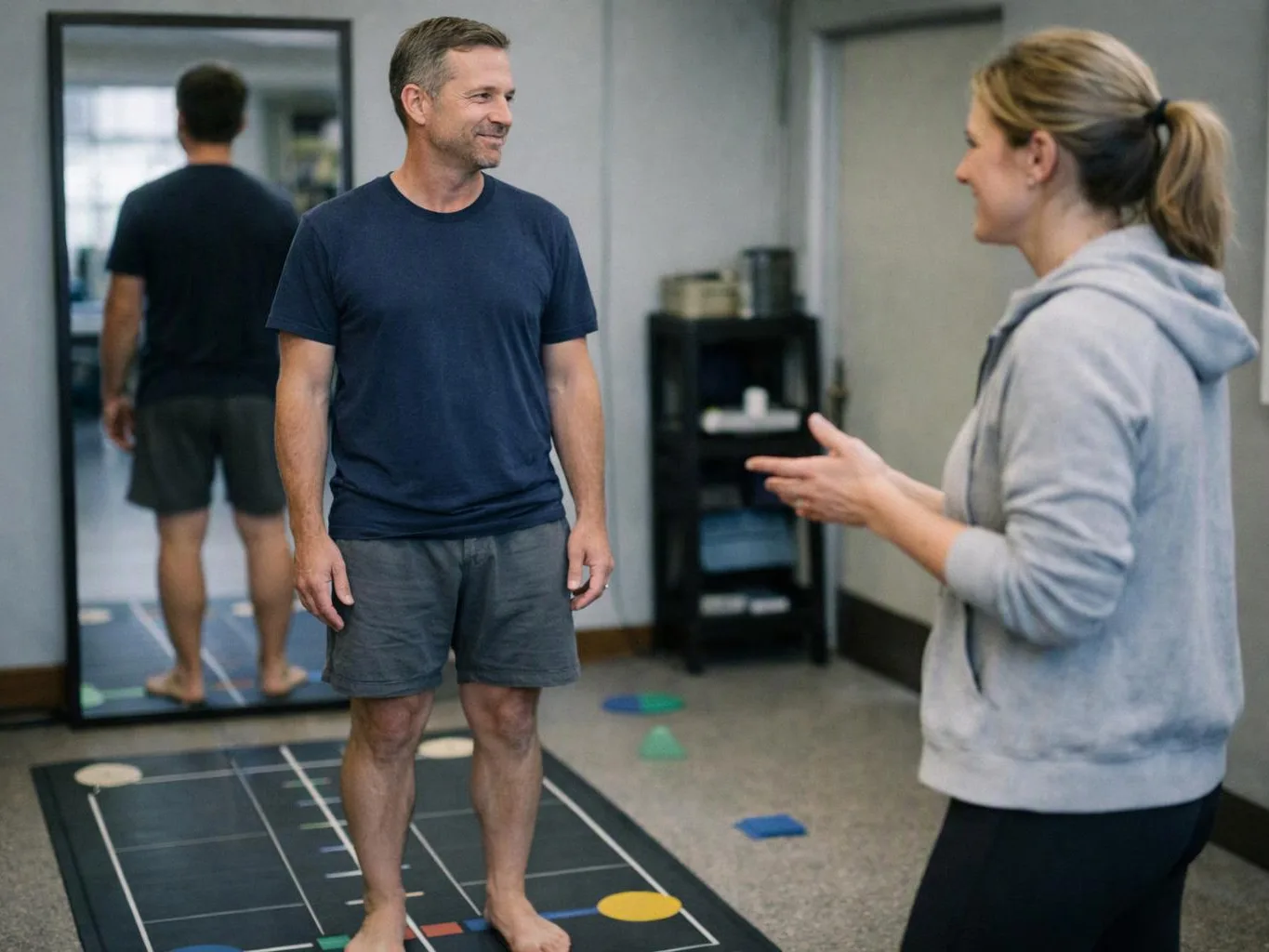 A man stands barefoot on a floor mat while a woman in a hoodie gestures beside him in a training room