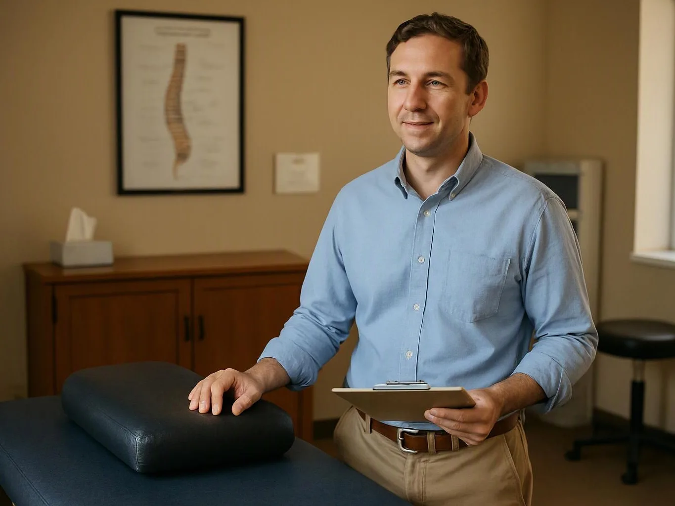 A man stands beside an exam table, holding a clipboard and resting his hand on a black cushion in a clinic room