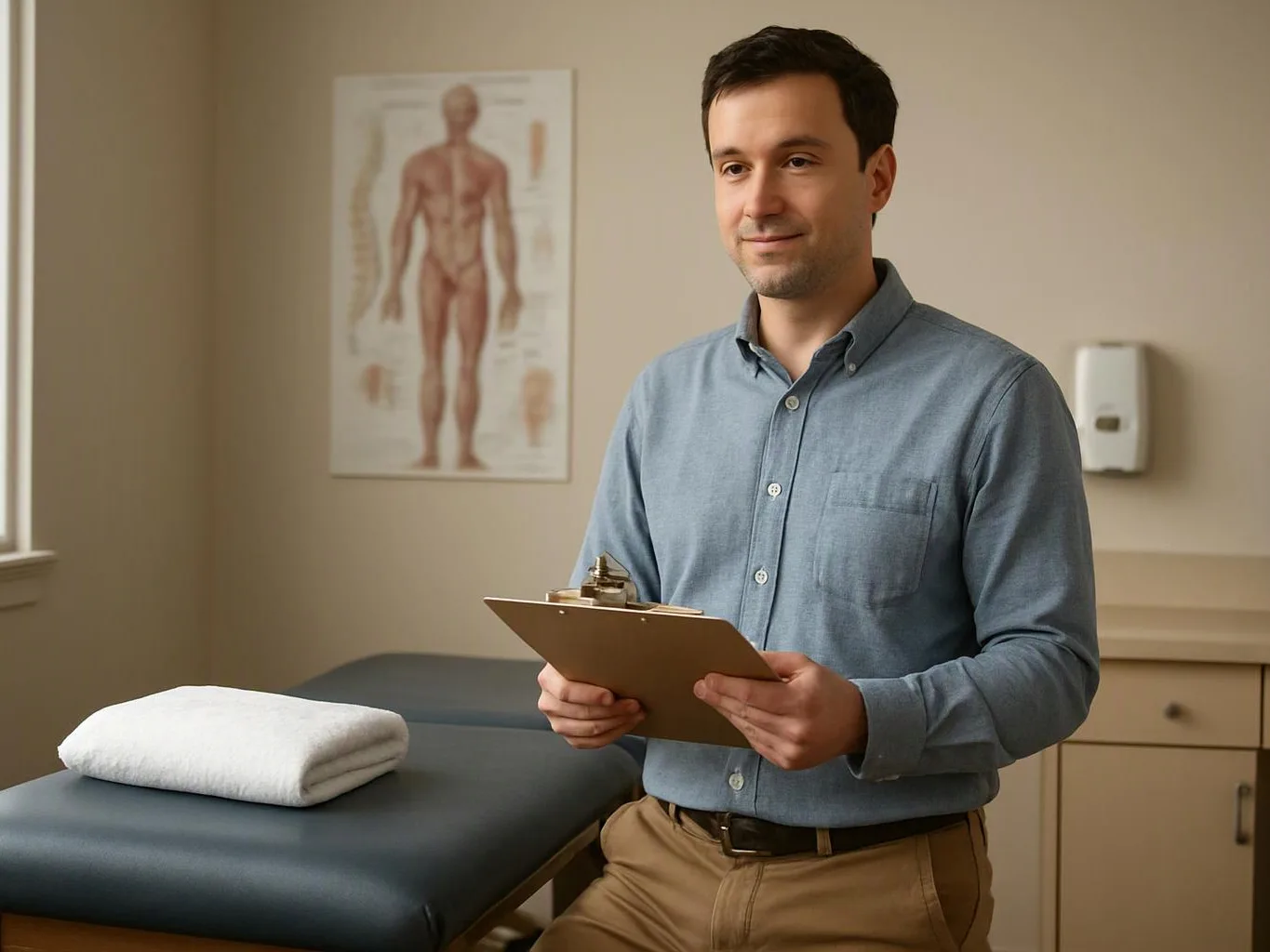 A man stands in a medical exam room holding a clipboard beside a treatment table and folded towel