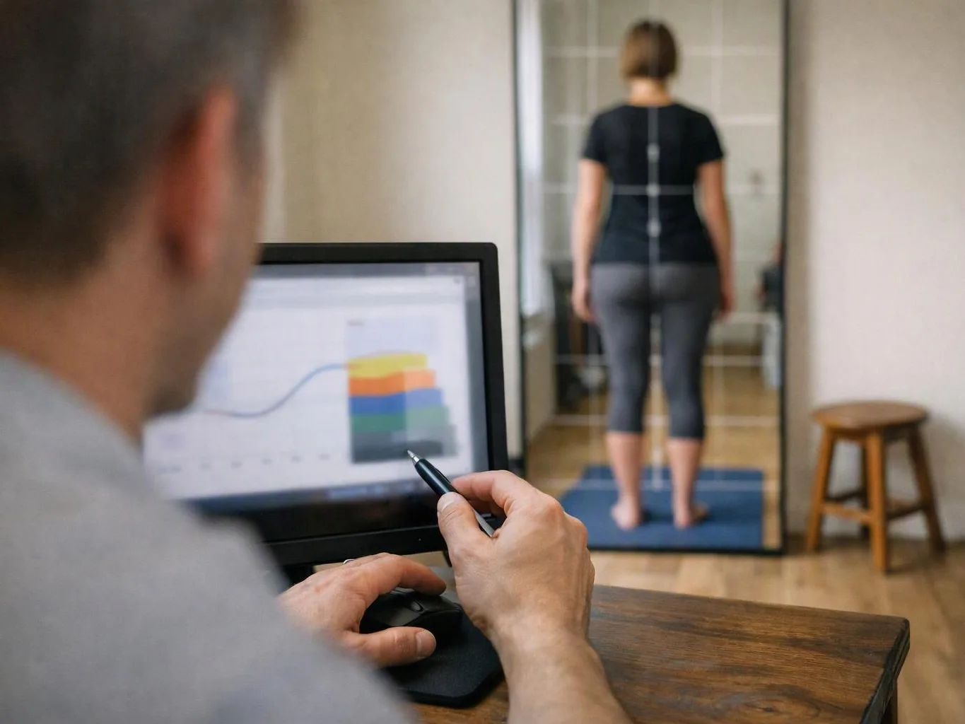 A man studies a computer chart while a woman stands on a posture mat in a room