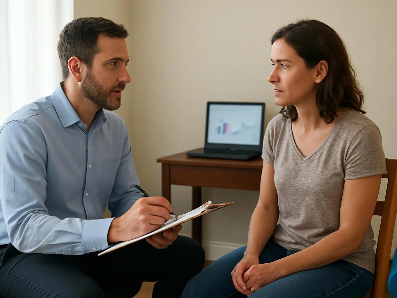 A man takes notes while speaking with a woman seated across from him in a simple room