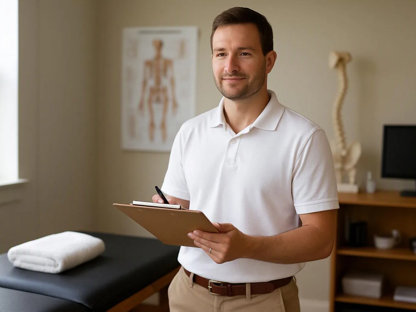 A man in a white polo stands in a clinic room, holding a clipboard and pen near an exam table