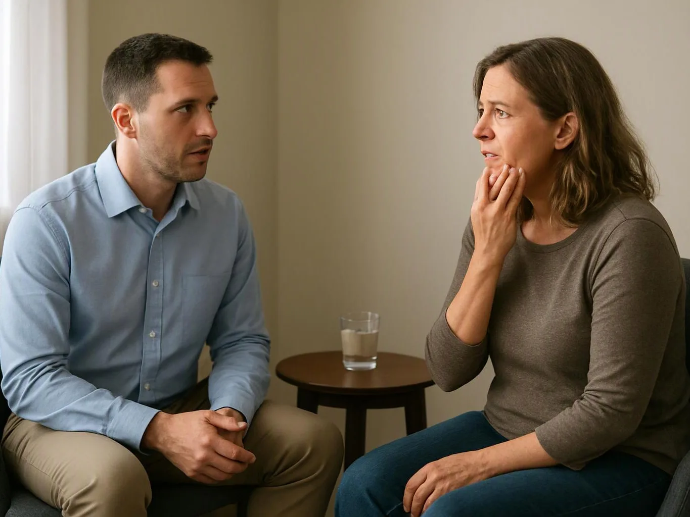 A man and woman sit facing each other in a plain room, talking beside a small table with a glass of water