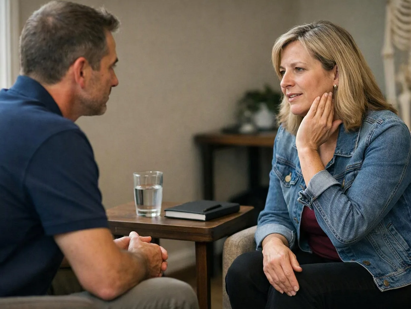 A man and woman sit facing each other in a quiet room, talking beside a table with a glass of water and notebook