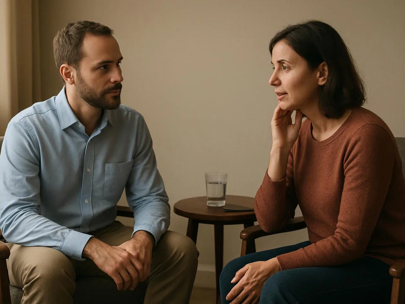 A man and woman sit facing each other in a quiet room, talking beside a small table with a glass of water