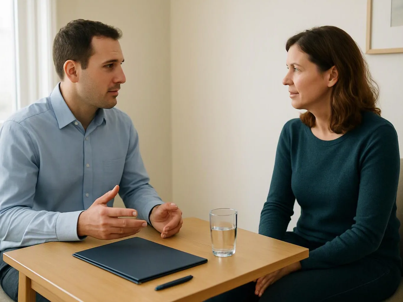 A man and woman sit at a small table, facing each other in a quiet room with a notebook and glass of water