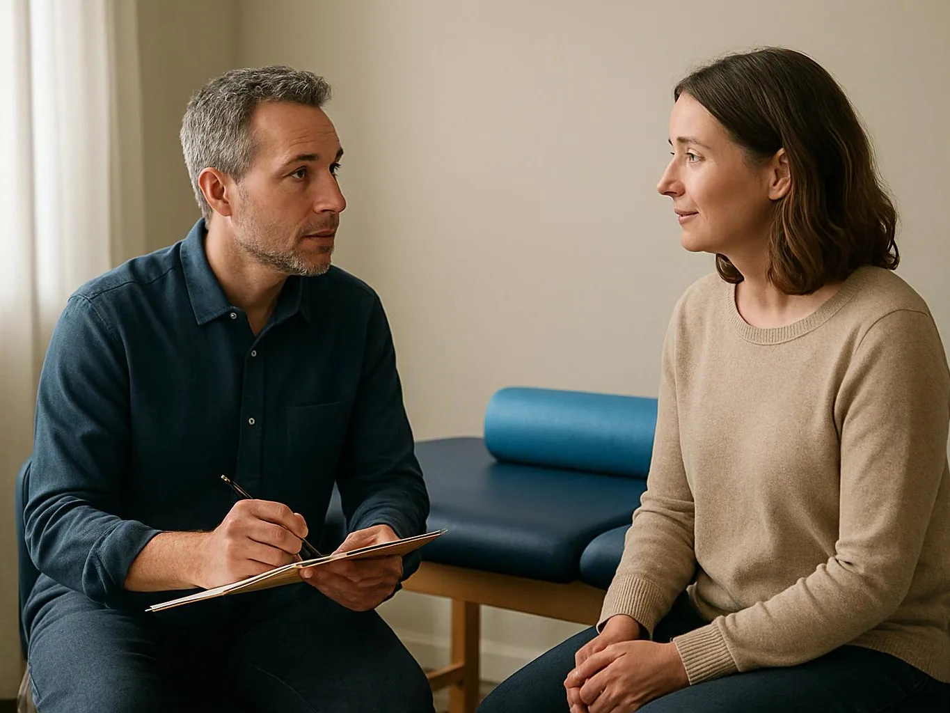 A man writes on a clipboard while talking with a seated woman in a quiet exam room