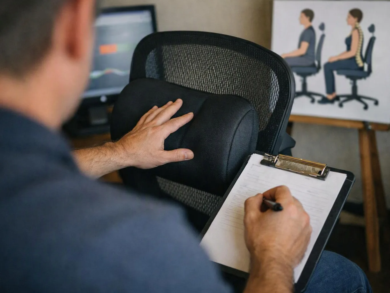 A man writes on a clipboard while testing a chair with a back cushion in a room with posture diagrams