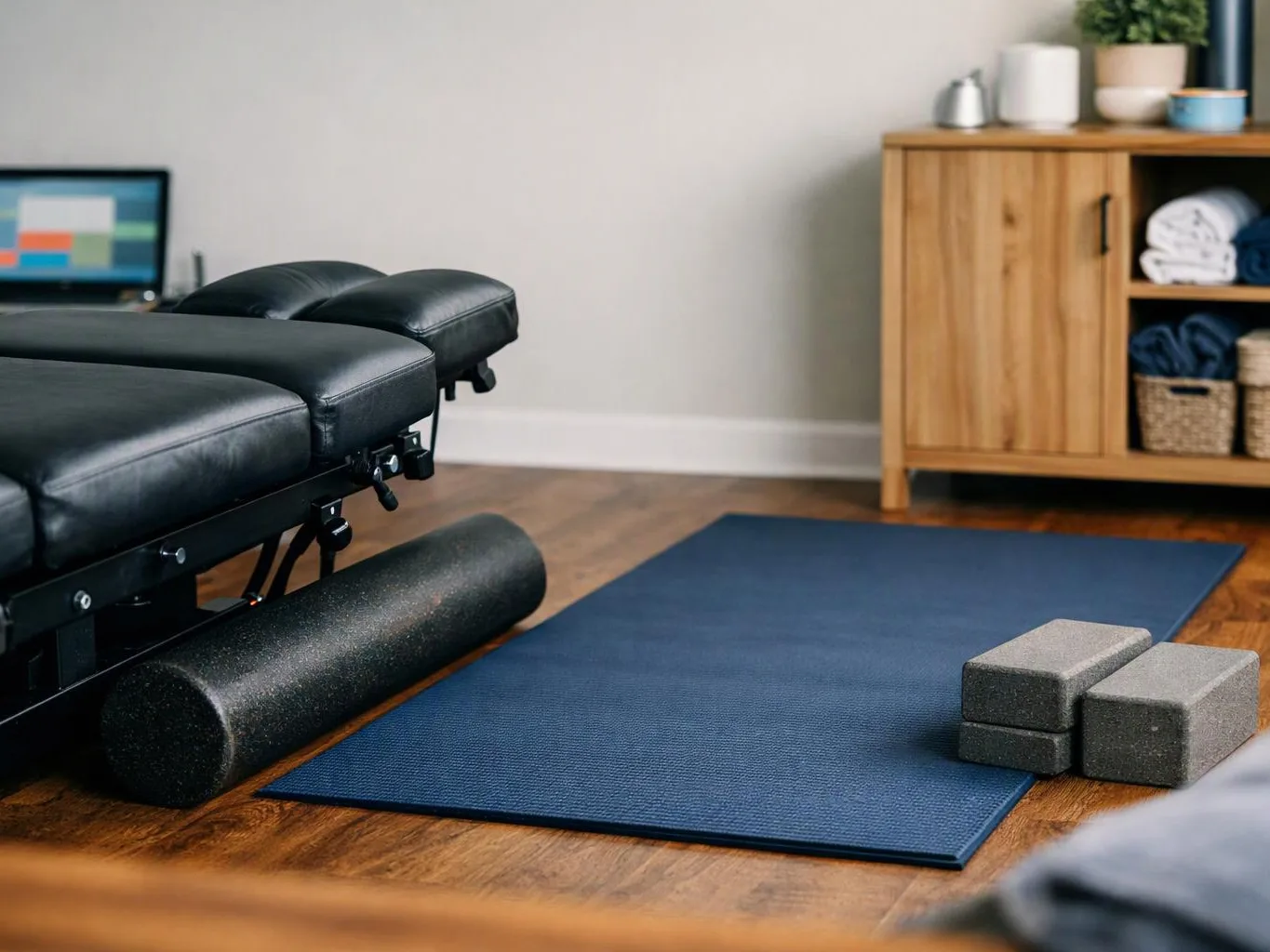 A massage table, blue yoga mat, foam roller, and stacked blocks sit in a tidy treatment room