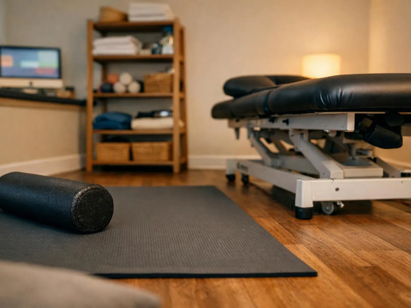 A massage table sits beside a yoga mat and foam roller in a calm treatment room