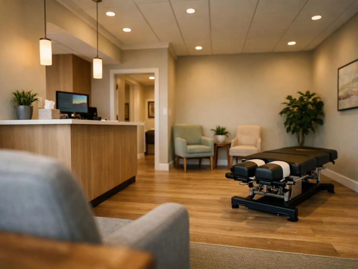 A modern clinic waiting room shows a reception desk, chairs, and an adjustment table on wood flooring