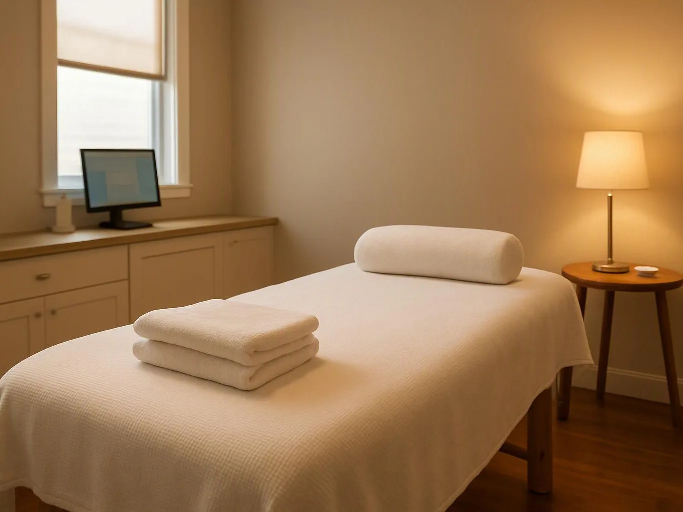 A neatly made treatment bed sits in a warm room with folded towels, a lamp, and a small monitor on the counter