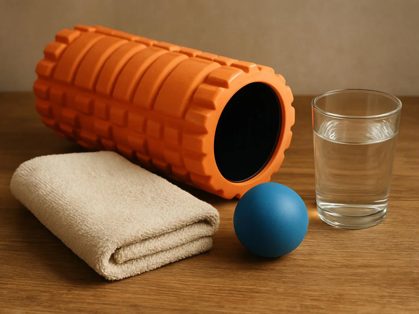 An orange foam roller, folded towel, blue massage ball, and glass of water sit on a wooden table