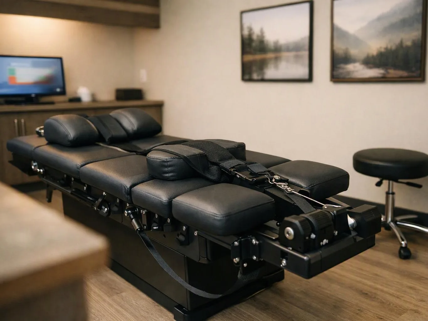 A padded black treatment table sits in a quiet exam room with wall art, a monitor, and a stool