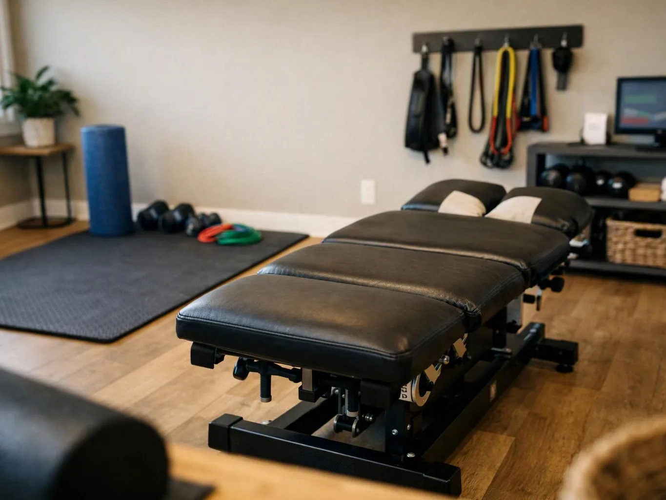 A padded black treatment table sits in a tidy workout room with mats, weights, and wall straps