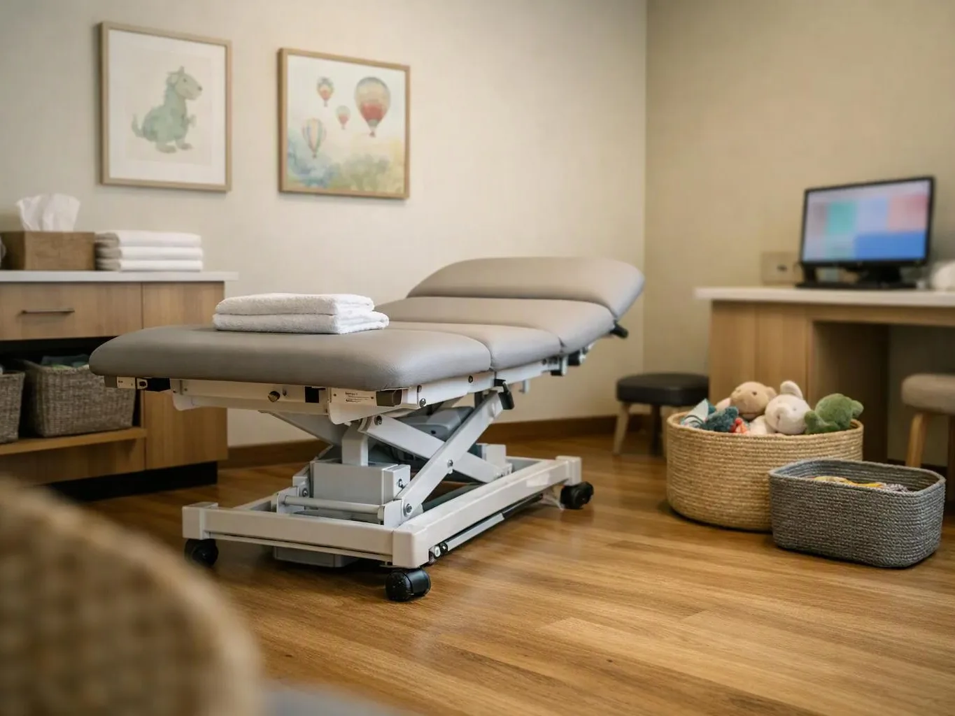 A padded exam table sits in a tidy room with toys, framed art, and a computer desk