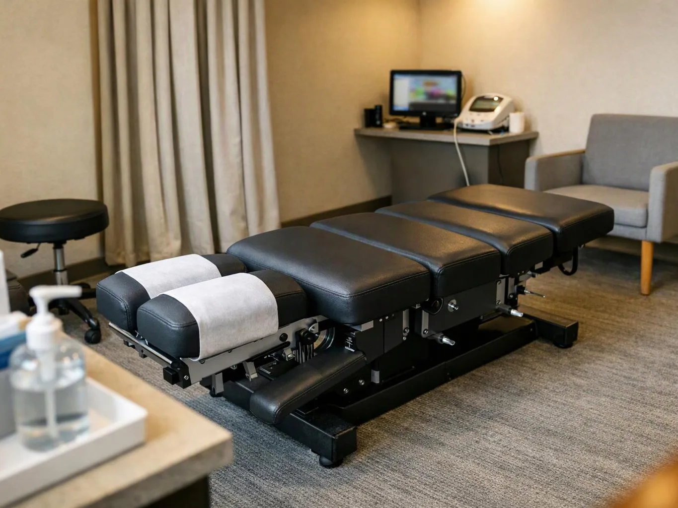 A padded treatment table sits in a quiet room with a stool, chair, desk, and sanitizer bottles