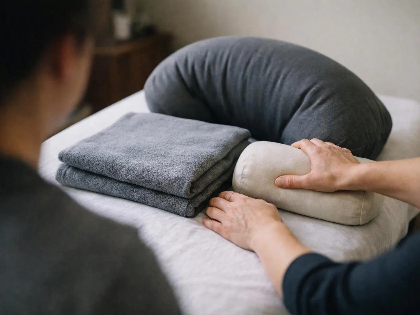 A person arranges folded towels and cylindrical cushions on a massage table in a calm room