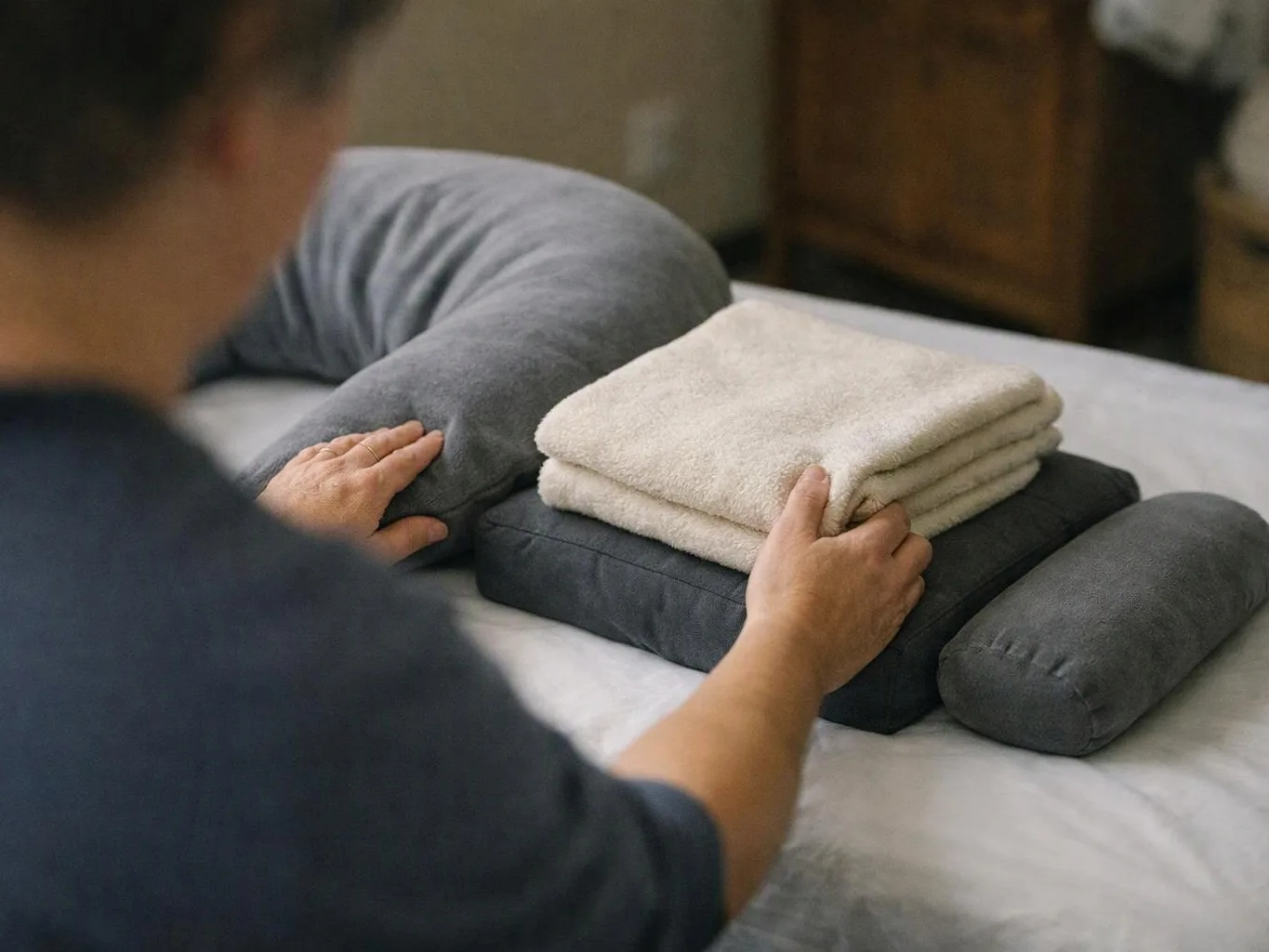 A person arranges folded towels and pillows on a bed in a softly lit bedroom