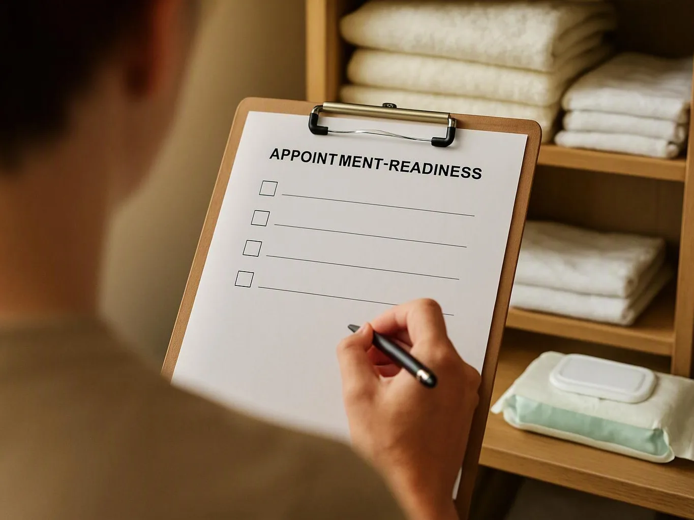 A person fills out an appointment-readiness checklist on a clipboard beside neatly folded towels and supplies
