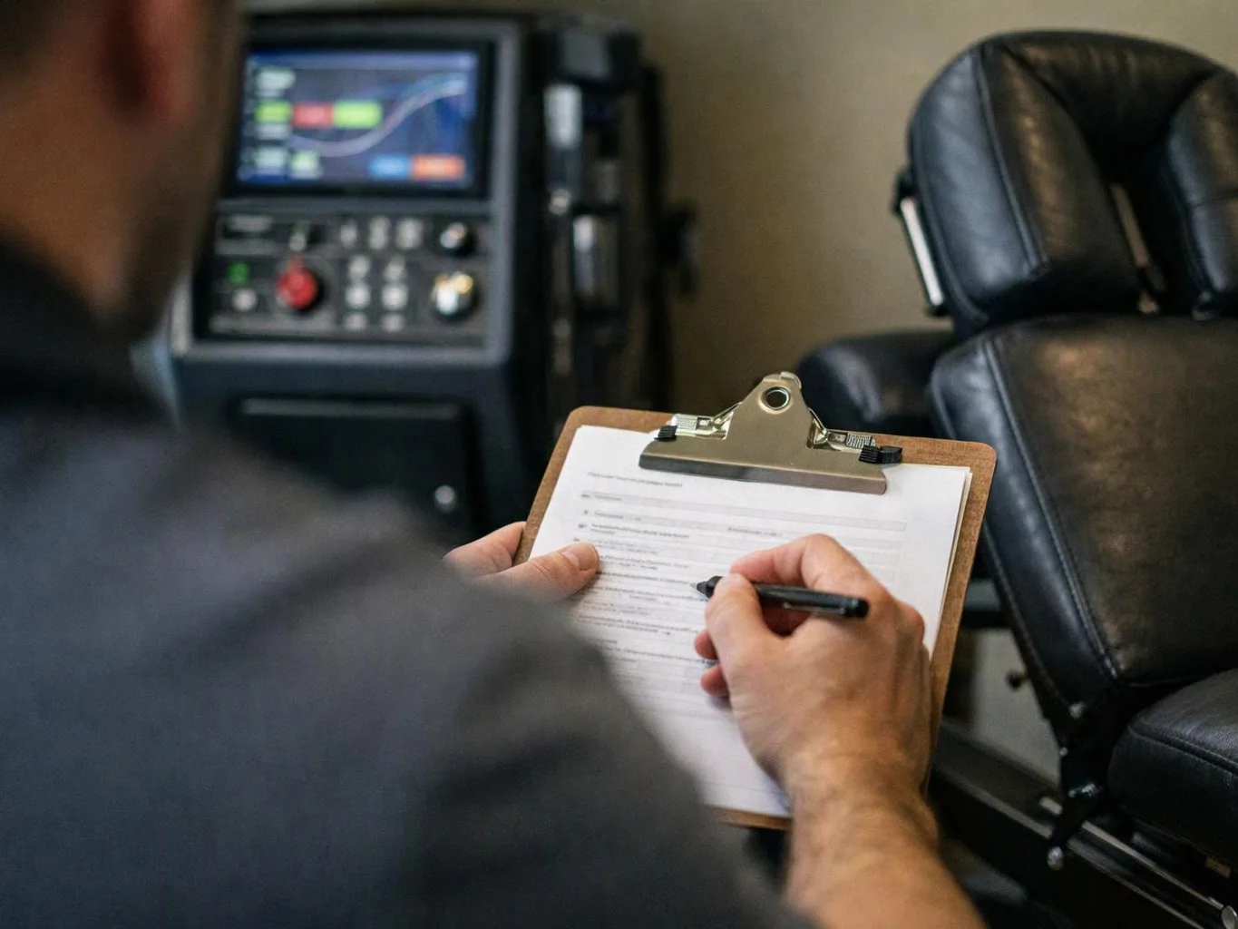 A person fills out a clipboard form beside a black massage chair and a control screen